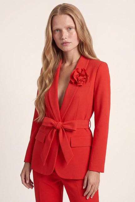 Women's Shawl Lapel Belted Suit - Red - detail view
