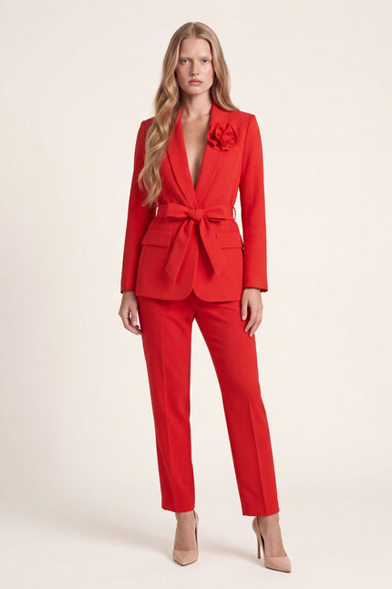 Women's Shawl Lapel Belted Suit - Red - front view