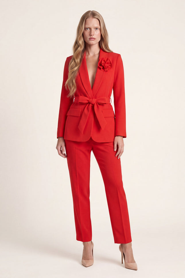 Women's Shawl Lapel Belted Suit - Red - front view