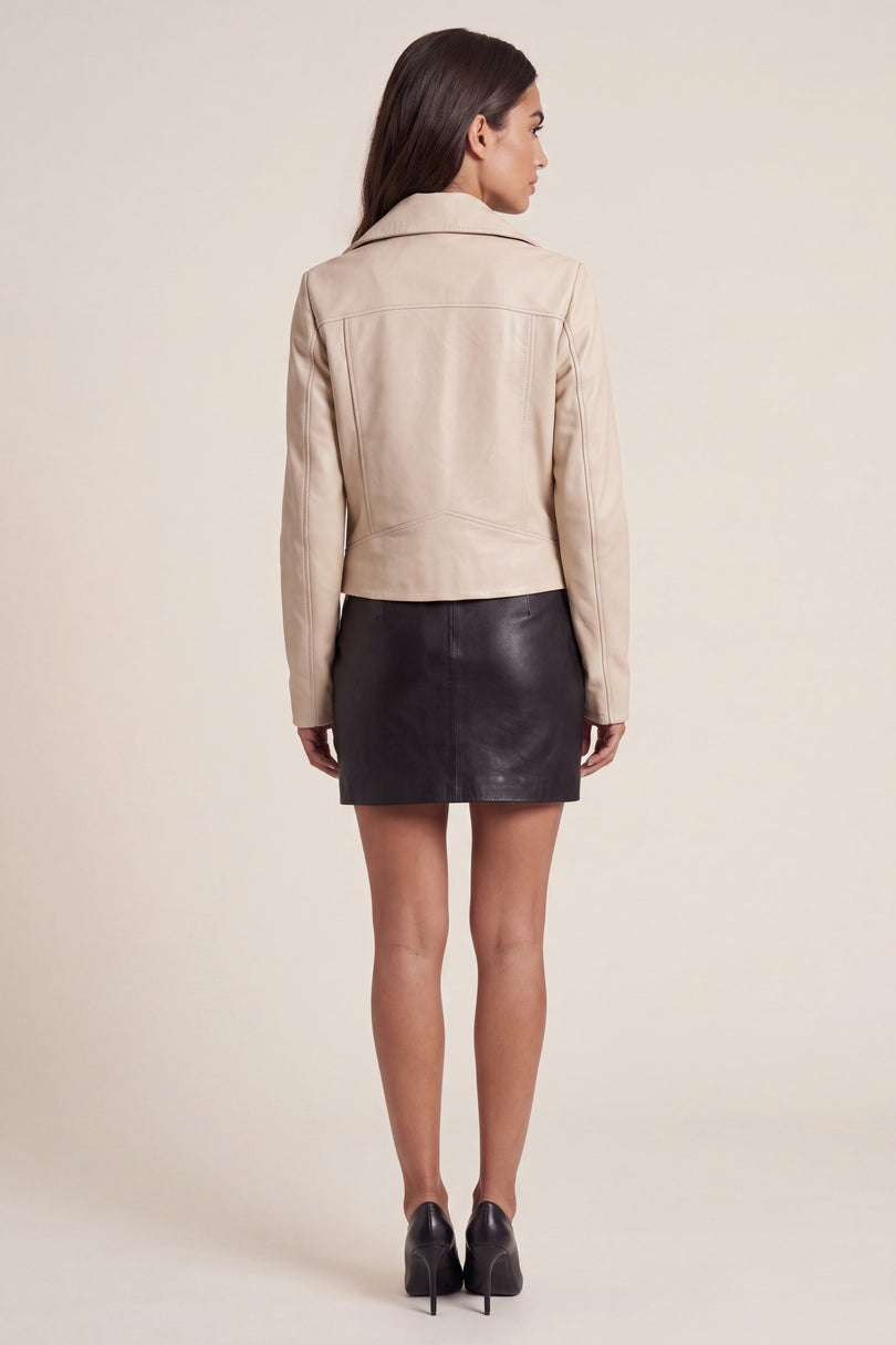 Cropped Lambskin Moto Jacket - Cream - back view