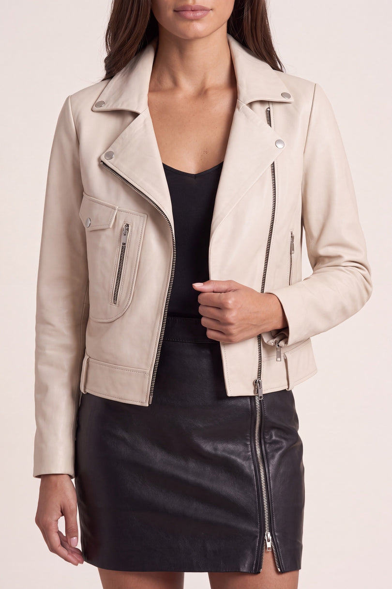 Cropped Lambskin Moto Jacket - Cream - detail view