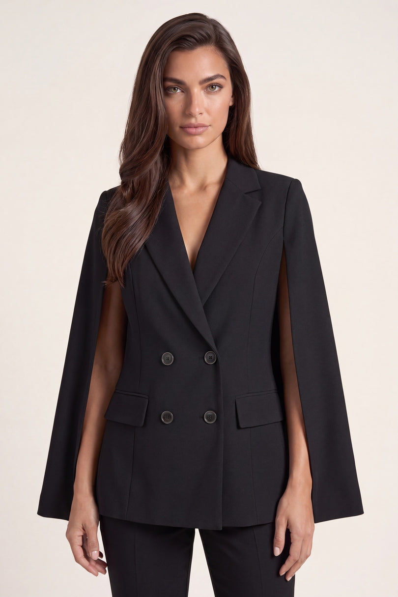 Double-Breasted Cape Blazer - Black - detail view