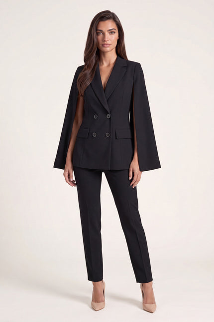 Double-Breasted Cape Blazer - Black - front view
