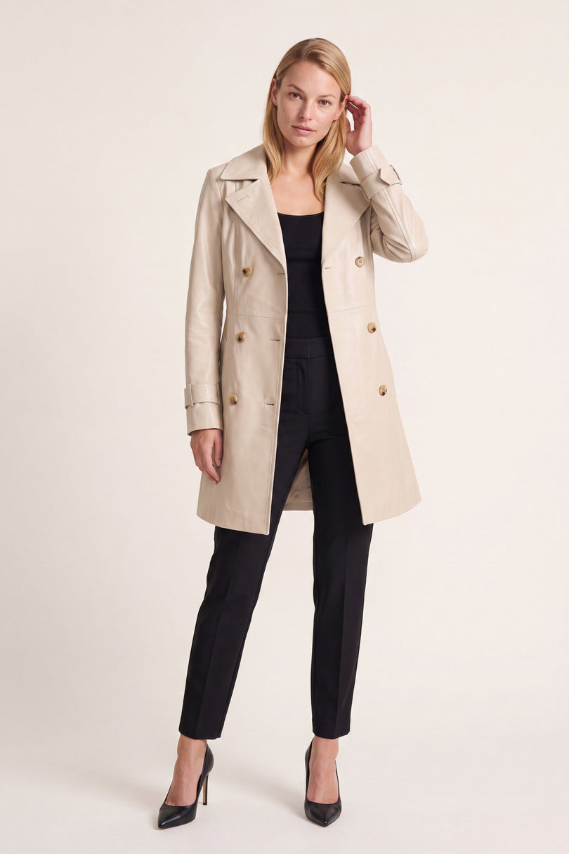 Lambskin Leather Double-Breasted Trench Coat - Beige - front view