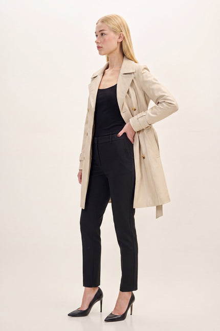 Lambskin Leather Double-Breasted Trench Coat - Beige - side view