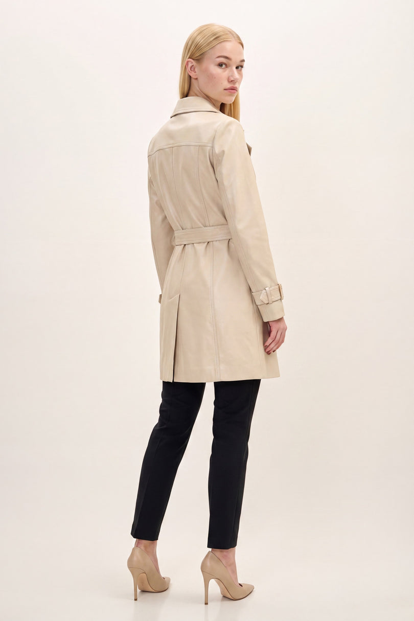 Lambskin Leather Double-Breasted Trench Coat - Beige - back view