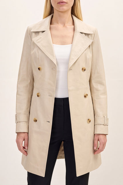 Lambskin Leather Double-Breasted Trench Coat - Beige - detail view