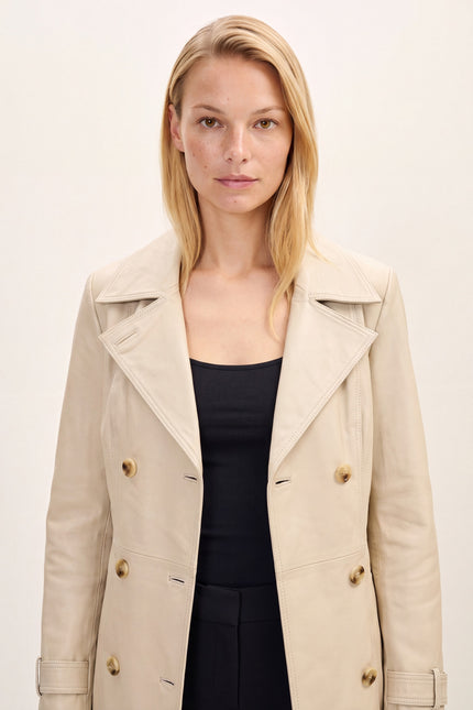 Lambskin Leather Double-Breasted Trench Coat - Beige - macro view