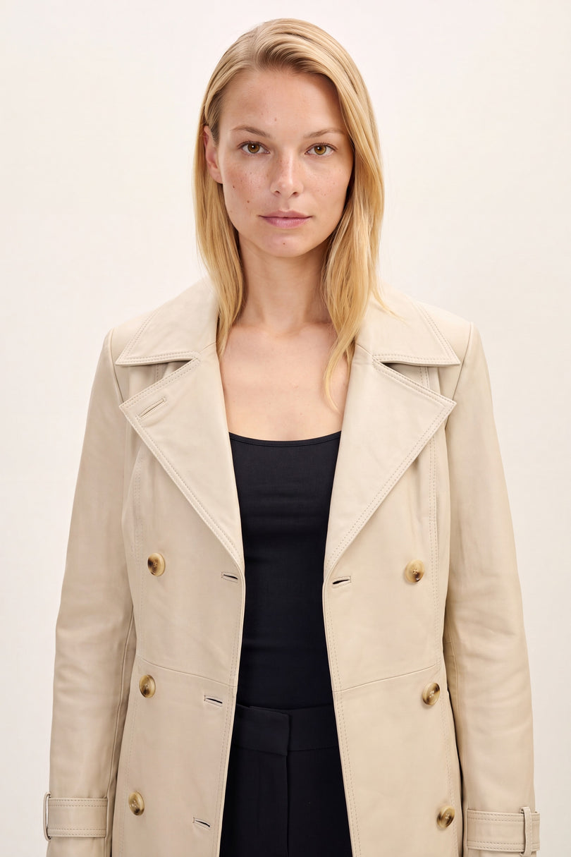 Lambskin Leather Double-Breasted Trench Coat - Beige - macro view