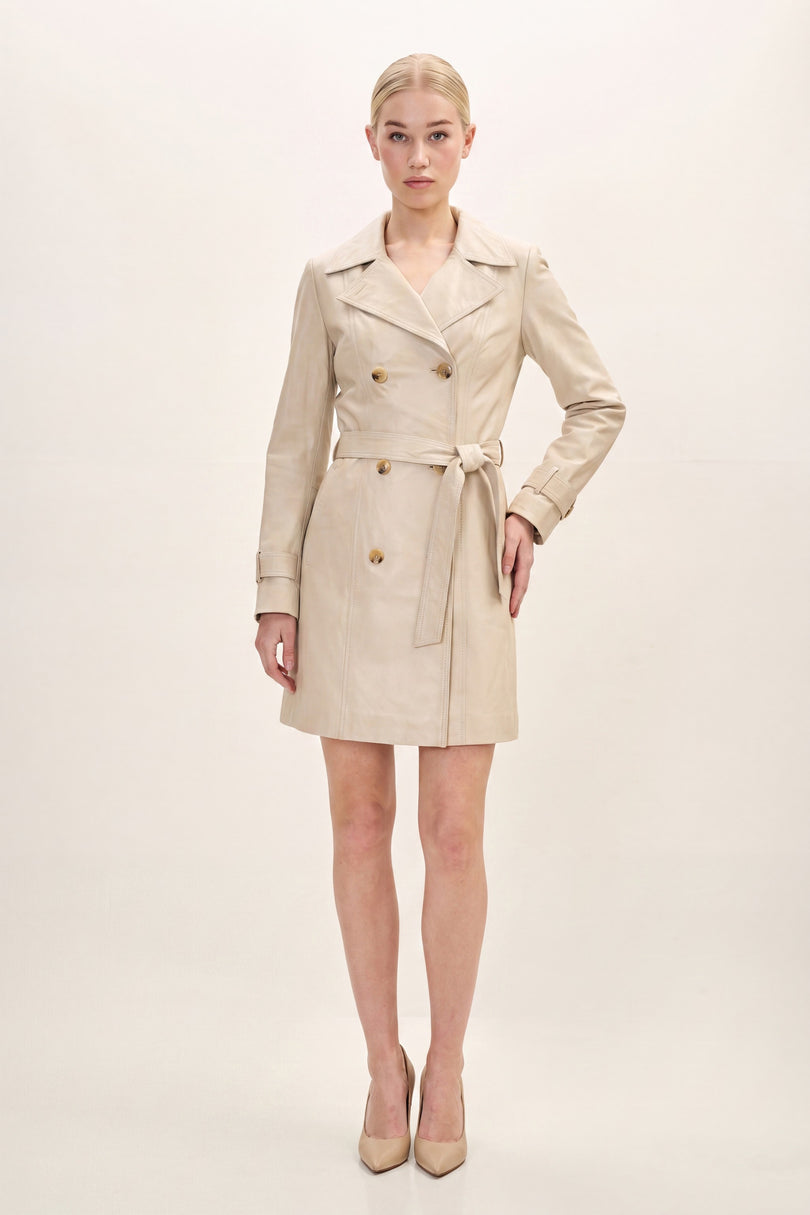 Lambskin Leather Double-Breasted Trench Coat - Beige - front view