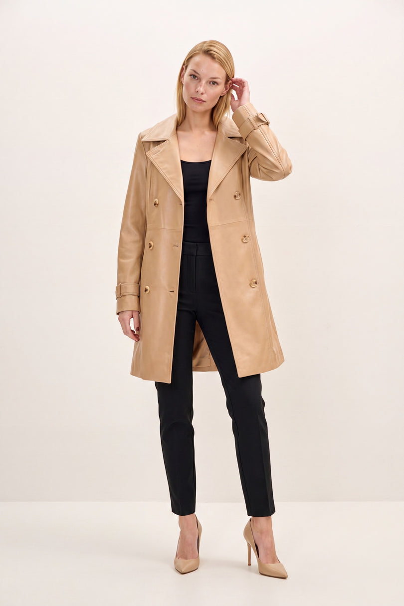 Lambskin Leather Double-Breasted Trench Coat - Dark Beige - front view
