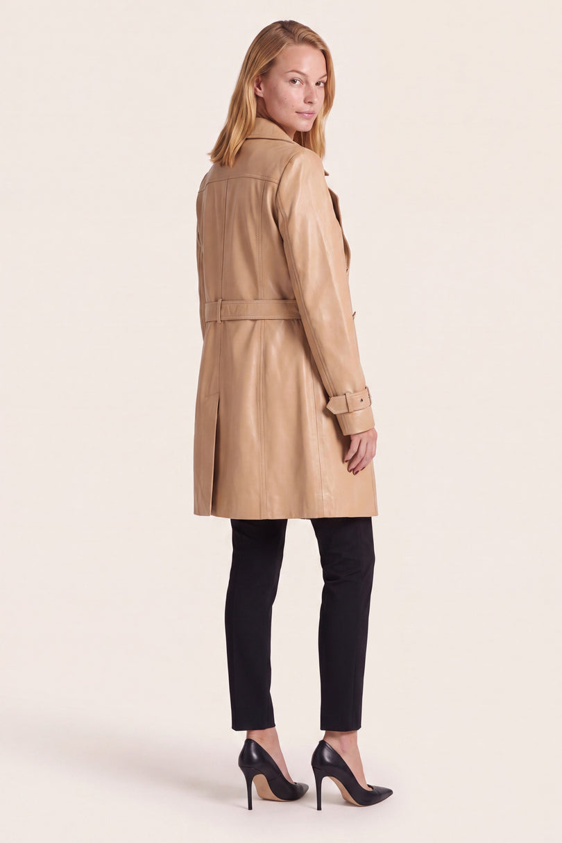 Lambskin Leather Double-Breasted Trench Coat - Dark Beige - back view