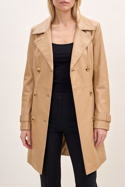 Lambskin Leather Double-Breasted Trench Coat - Dark Beige - detail view