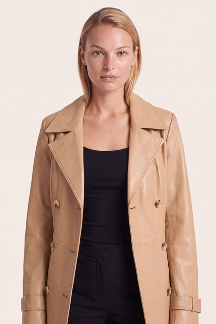 Lambskin Leather Double-Breasted Trench Coat - Dark Beige - macro view