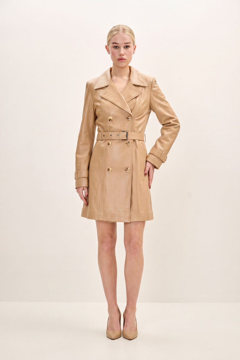 Lambskin Leather Double-Breasted Trench Coat - Dark Beige - front view