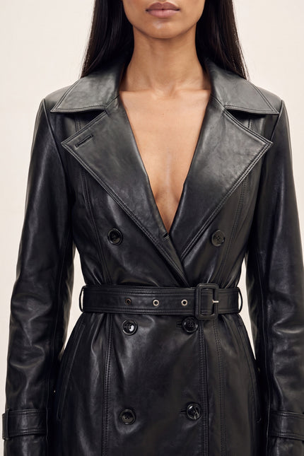 Lambskin Leather Double-Breasted Trench Coat - Black - detail view