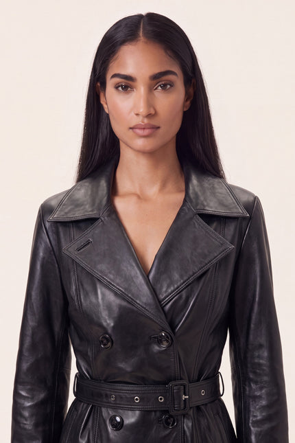 Lambskin Leather Double-Breasted Trench Coat - Black - macro view