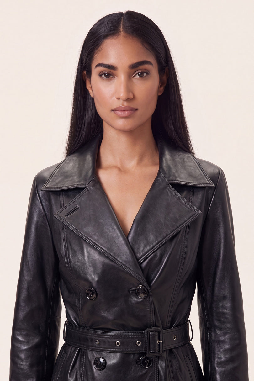 Lambskin Leather Double-Breasted Trench Coat - Black - macro view