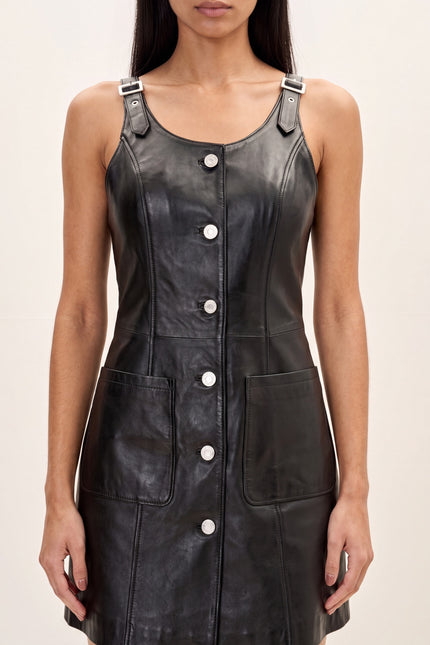 Lambskin Leather Mini Tank Dress - Black - detail view