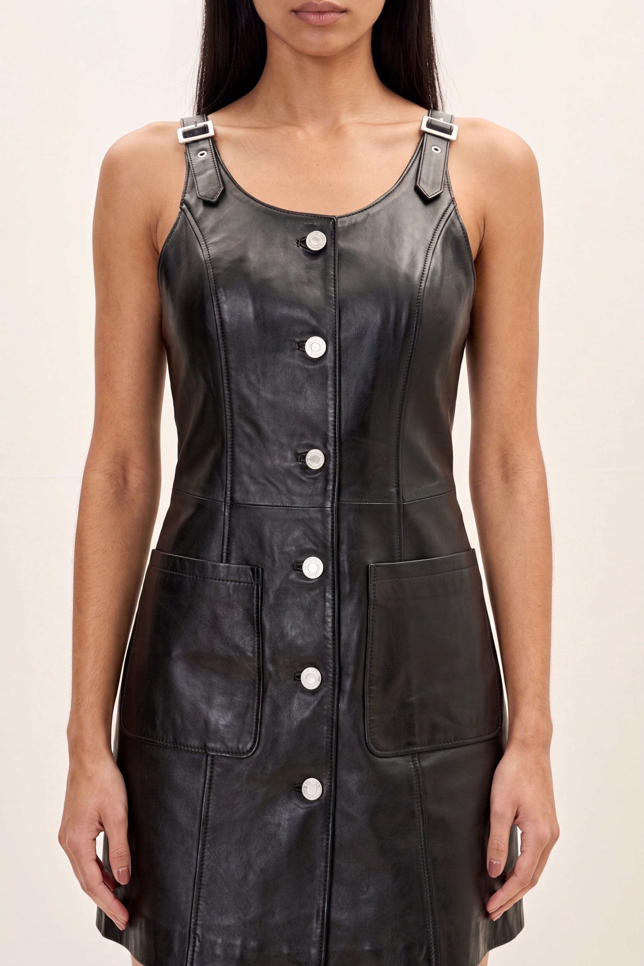 Lambskin Leather Button Front Mini Tank Dress