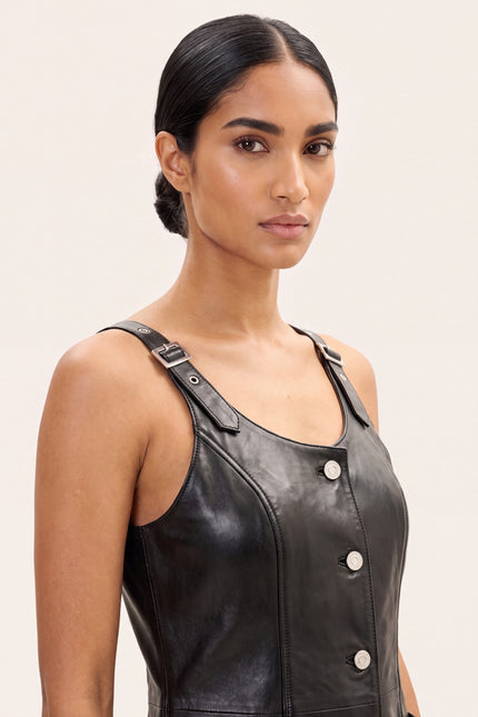 Lambskin Leather Mini Tank Dress - Black - macro view