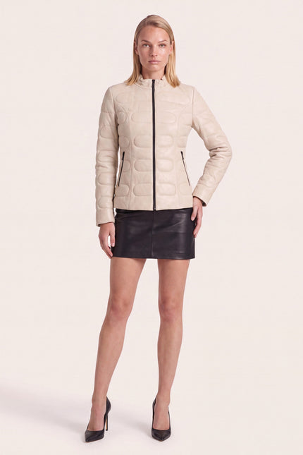 Lambskin Leather Puffer Jacket - Beige - front view