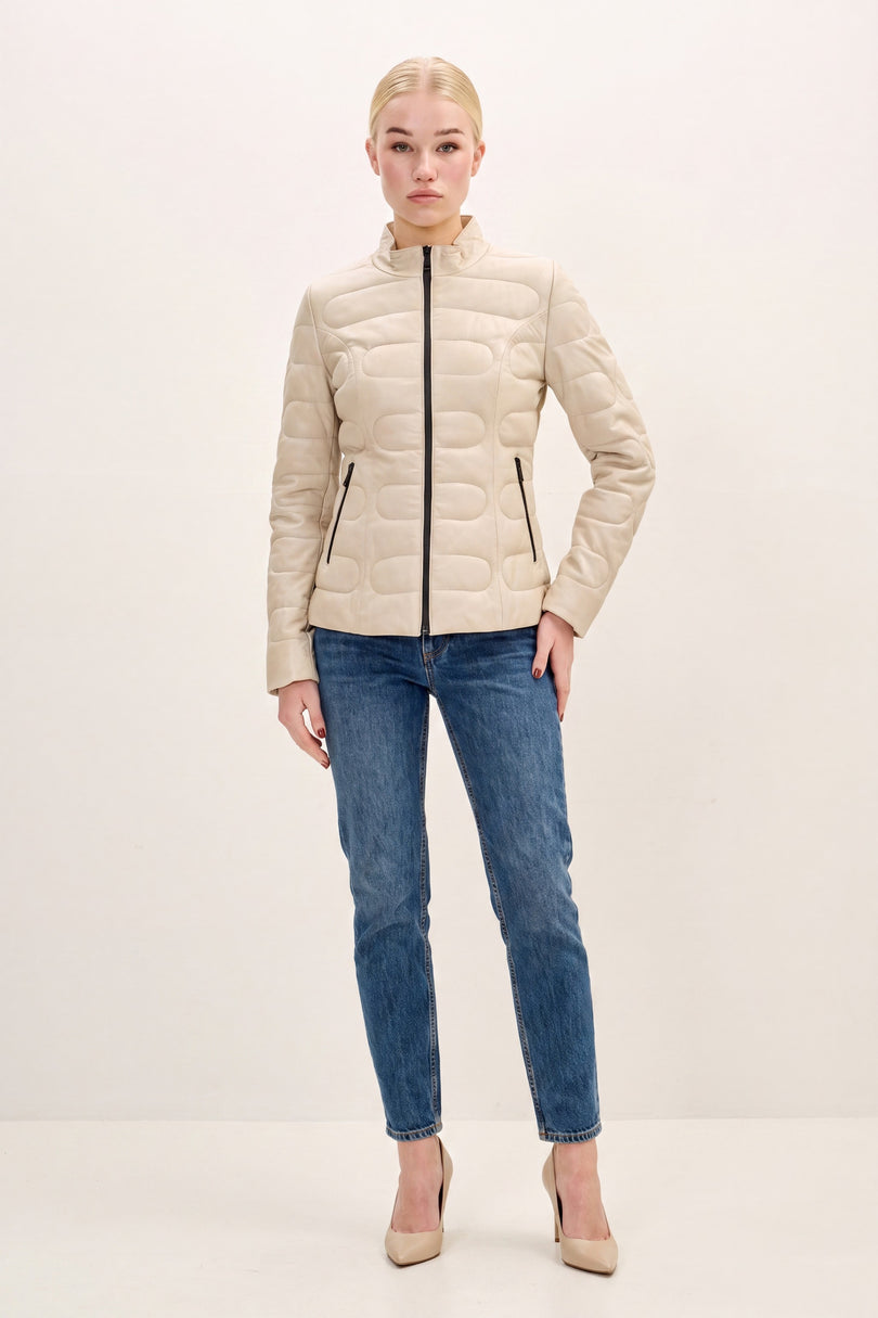Lambskin Leather Puffer Jacket - Beige - front view