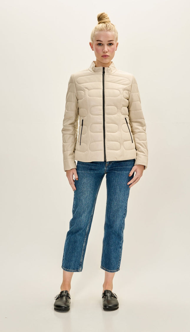 Women's Genuine Leather Jacket - Beige - Ron Tomson