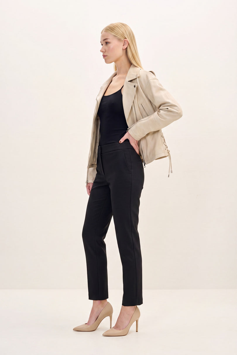 Lace-Up Leather Biker Jacket - Beige - side view