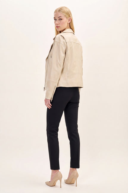 Lace-Up Leather Biker Jacket - Beige - back view