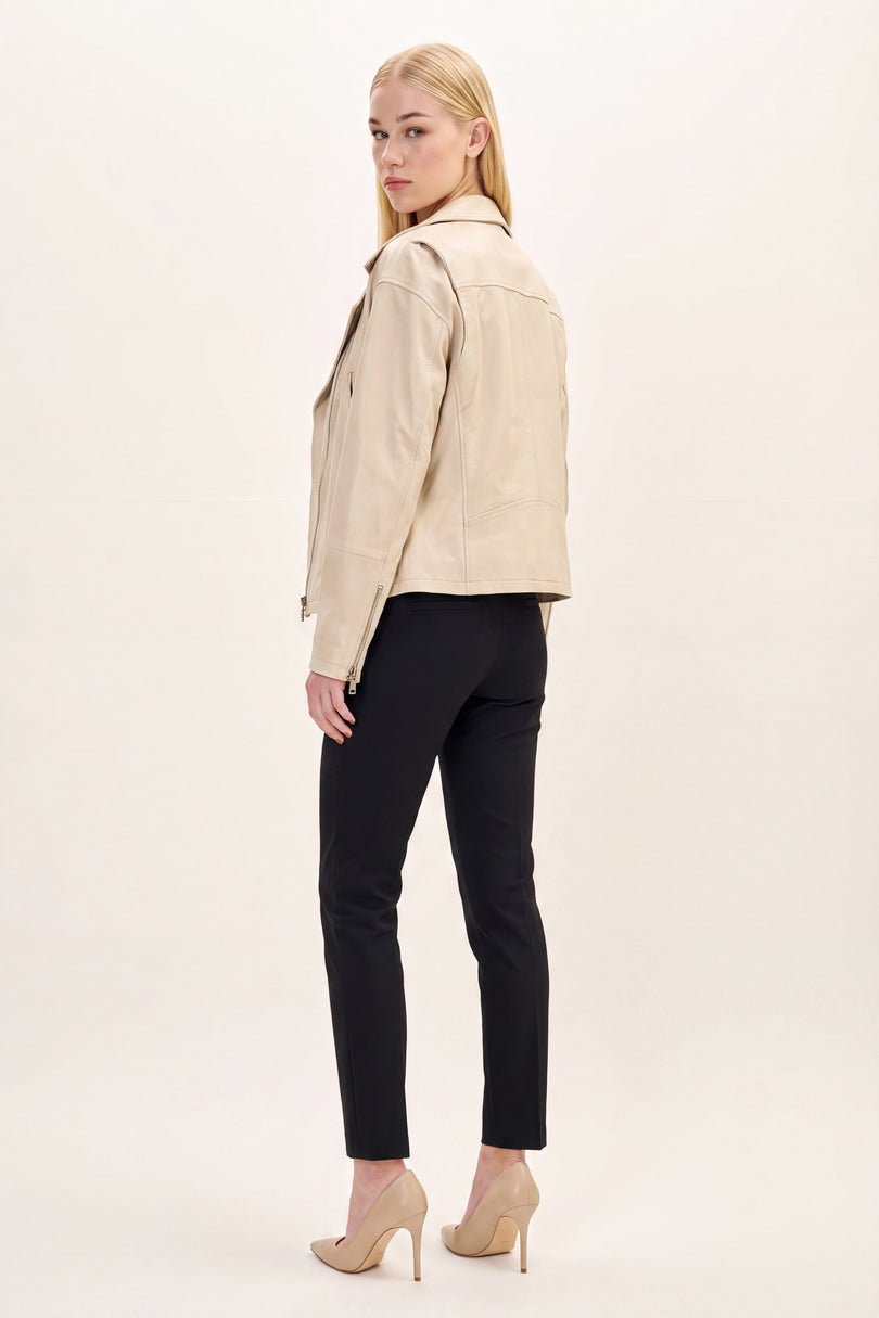 Lace-Up Leather Biker Jacket - Beige - back view