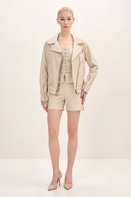 Lace-Up Leather Biker Jacket - Beige - front view
