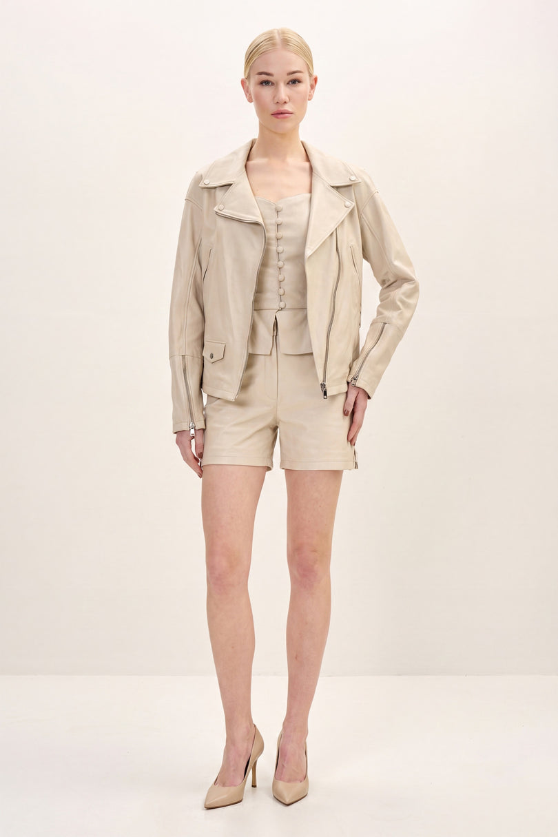 Lace-Up Leather Biker Jacket - Beige - front view