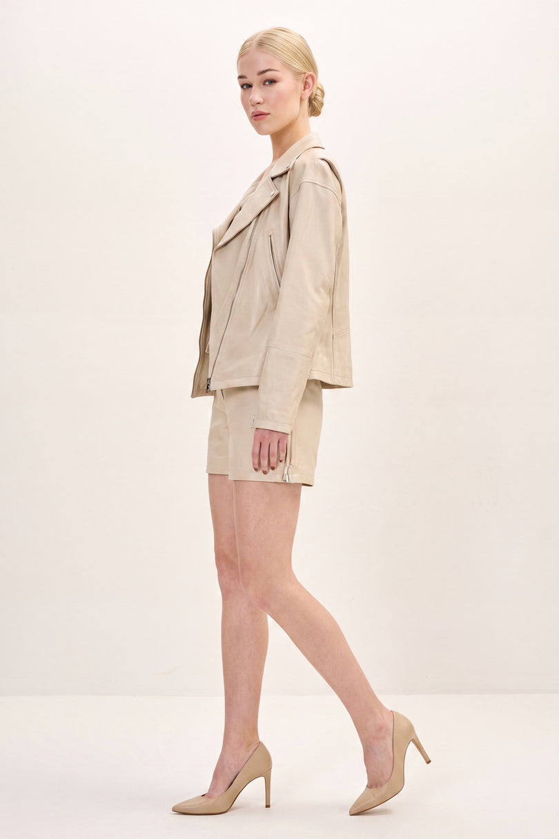 Lace-Up Leather Biker Jacket - Beige - side view