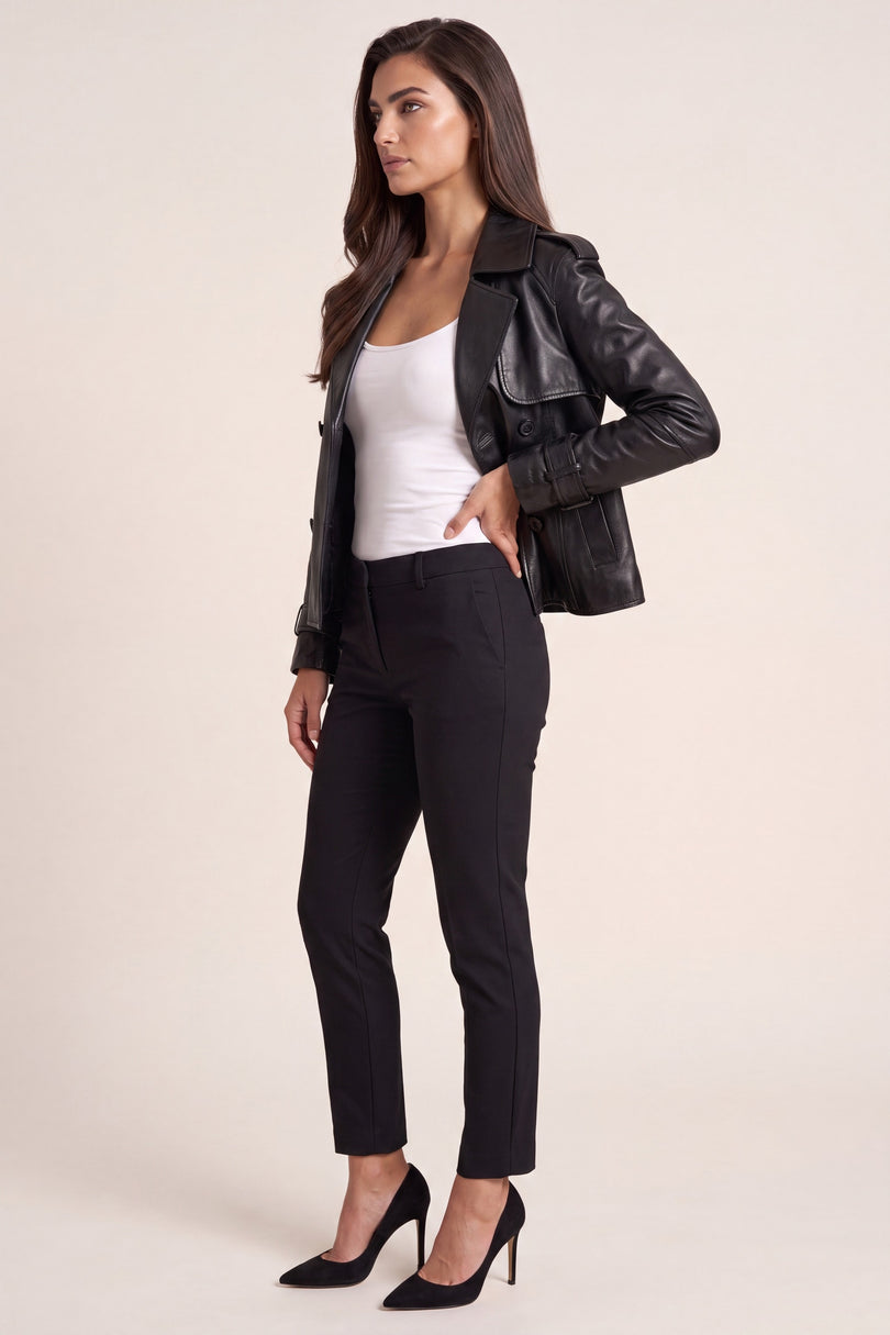 Double-Breasted Lambskin Short Trench Jacket - Black - side view