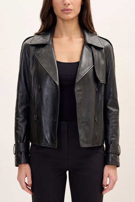 Double-Breasted Lambskin Short Trench Jacket - Black - detail view