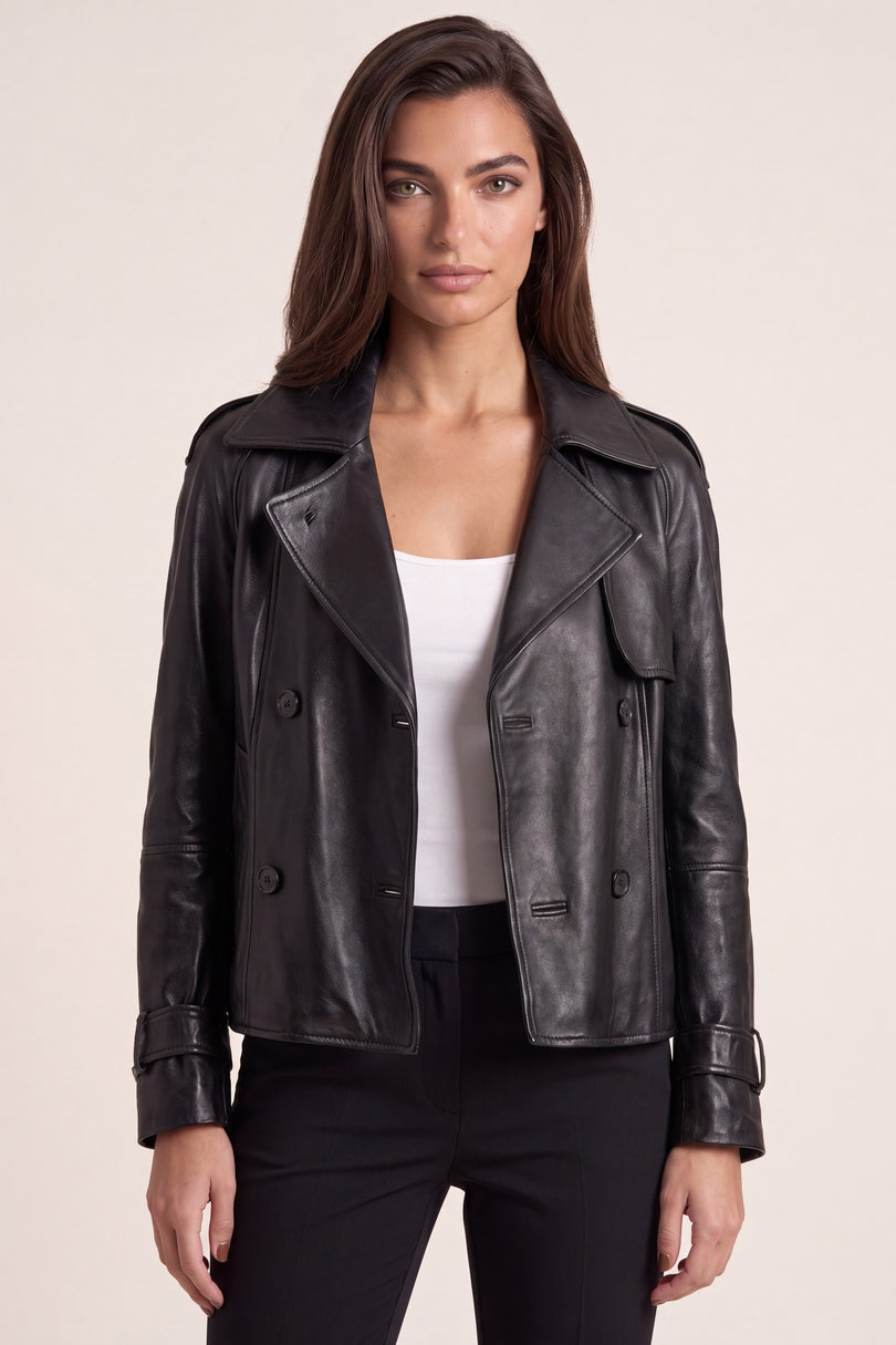 Double-Breasted Lambskin Short Trench Jacket - Black - macro view