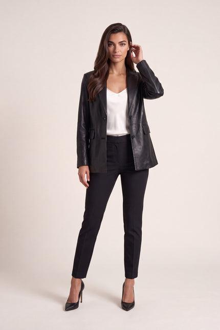 Lambskin Leather Double-Button Blazer - Black - front view
