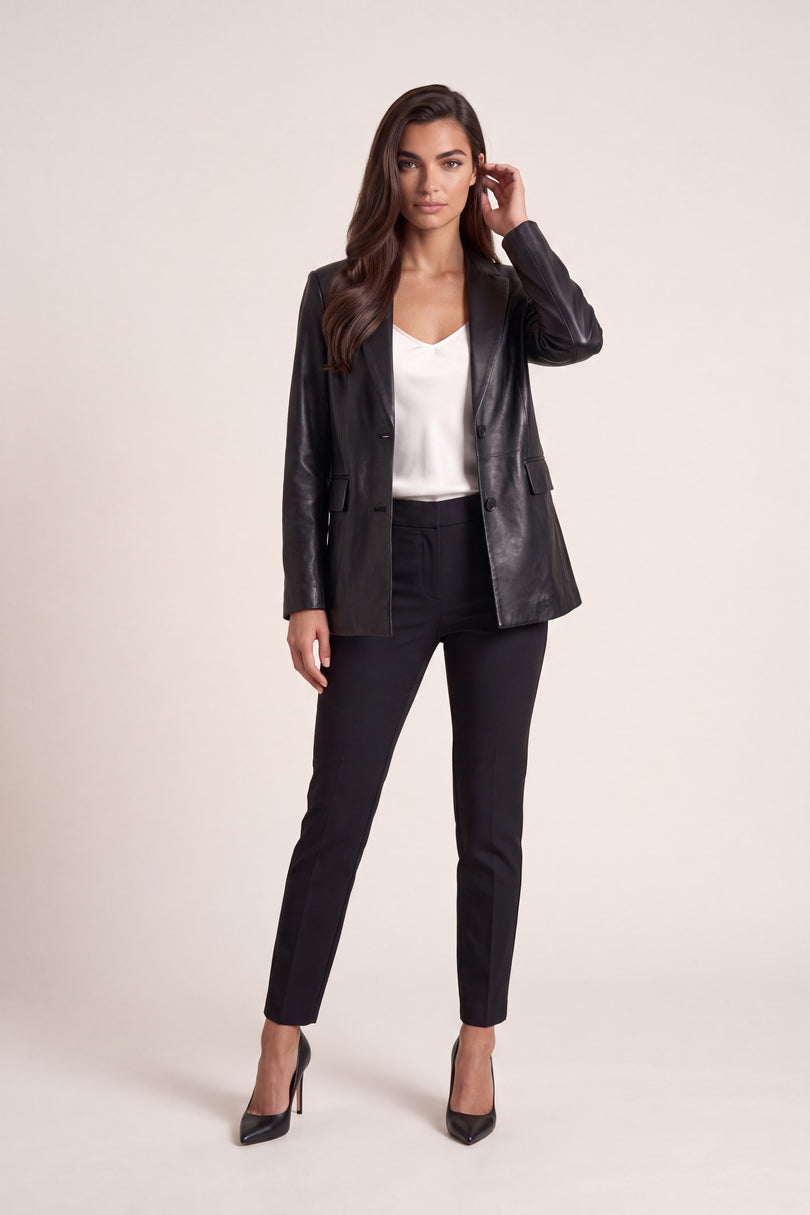 Lambskin Leather Double-Button Blazer - Black - front view