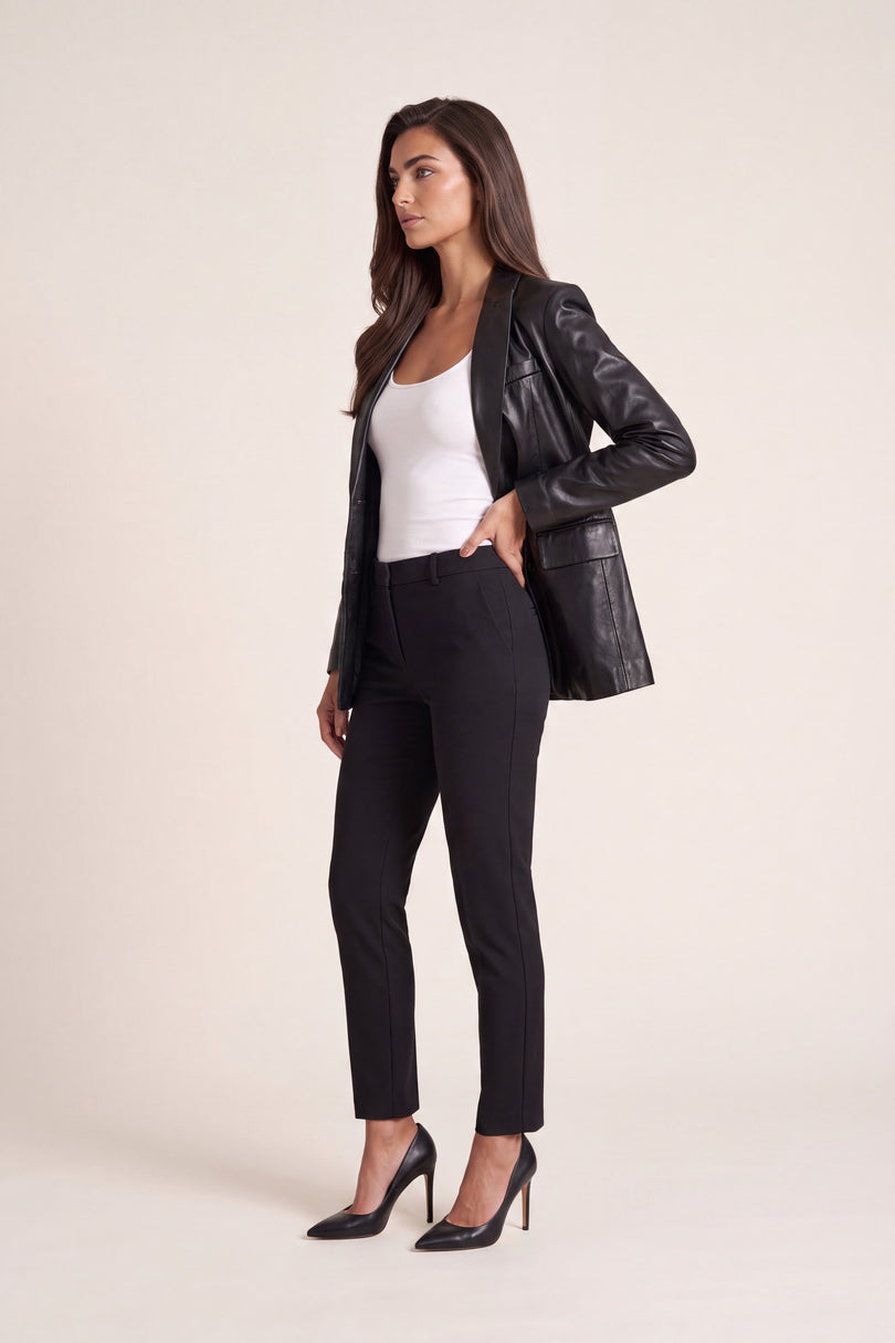 Lambskin Leather Double-Button Blazer - Black - side view