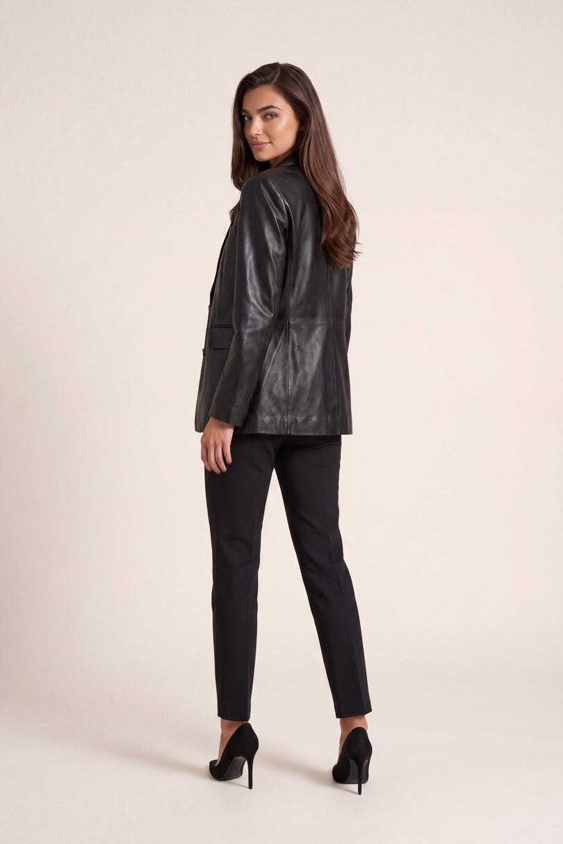 Lambskin Leather Double-Button Blazer - Black - back view