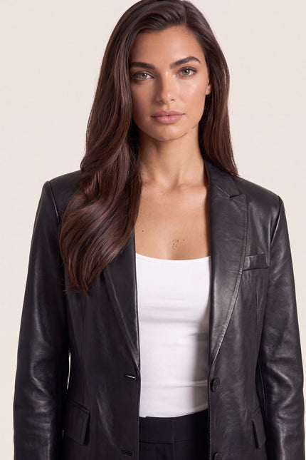 Lambskin Leather Double-Button Blazer - Black - macro view