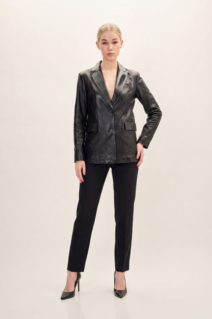 Lambskin Leather Double-Button Blazer - Black - front view