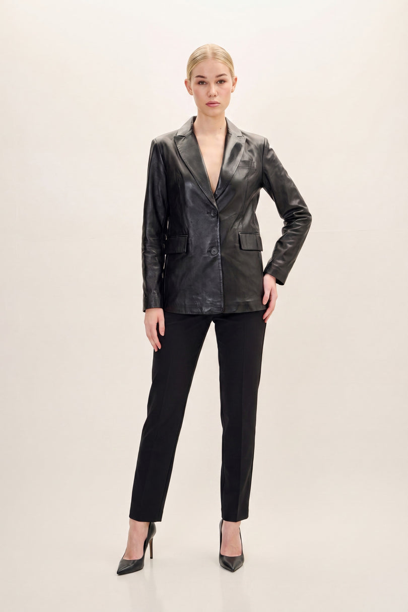 Lambskin Leather Double-Button Blazer - Black - front view