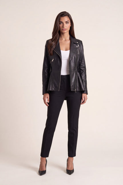 Fitted Lambskin Peplum Jacket - Black - front view