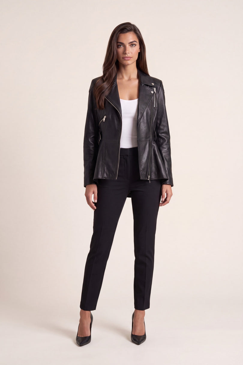 Fitted Lambskin Peplum Jacket - Black - front view