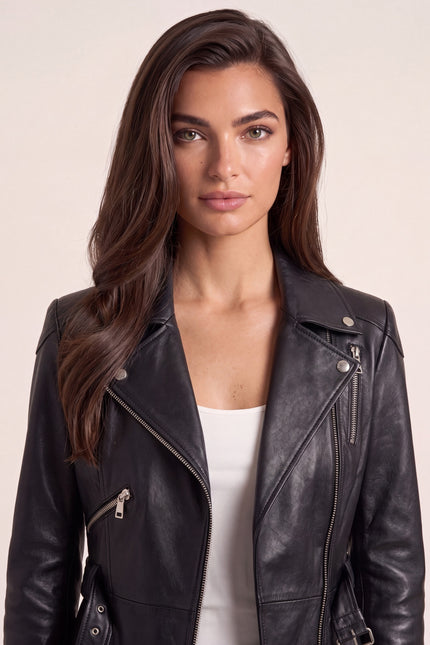 Fitted Lambskin Peplum Jacket - Black - macro view