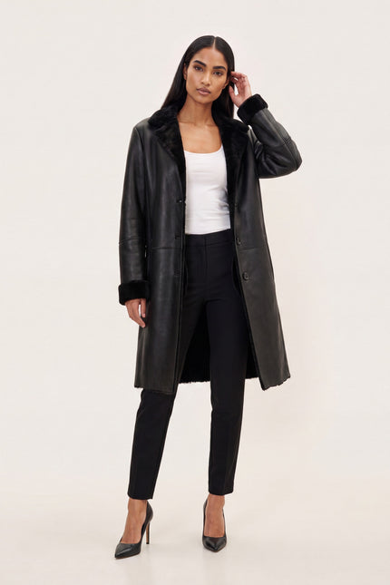 Toscana Shearling-Lined Lambskin Overcoat - Black - front view