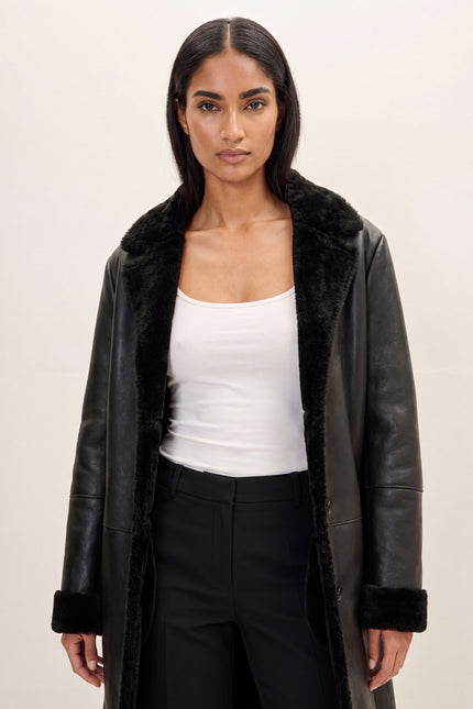 Toscana Shearling-Lined Lambskin Overcoat - Black - macro view