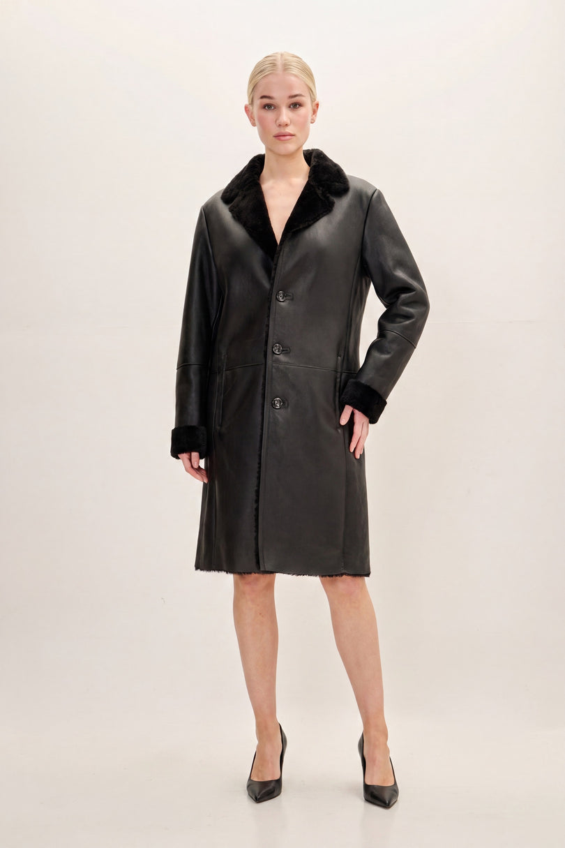 Toscana Shearling-Lined Lambskin Overcoat - Black - front view